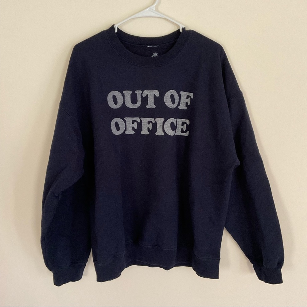 “Out of Office” navy crew neck sweater